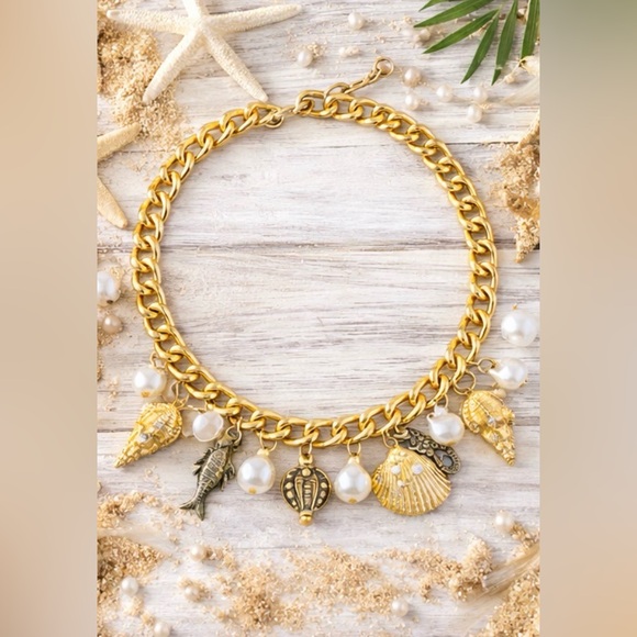 Kurt Geiger Gold Charm Necklace Shell Pearl Fish Statement Luxe Boho Y2K NEW - Picture 7 of 12